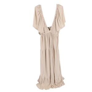 Free People Beach Flowy Maxi Cream Dress Size M Tiered Boho Coastal Ethereal